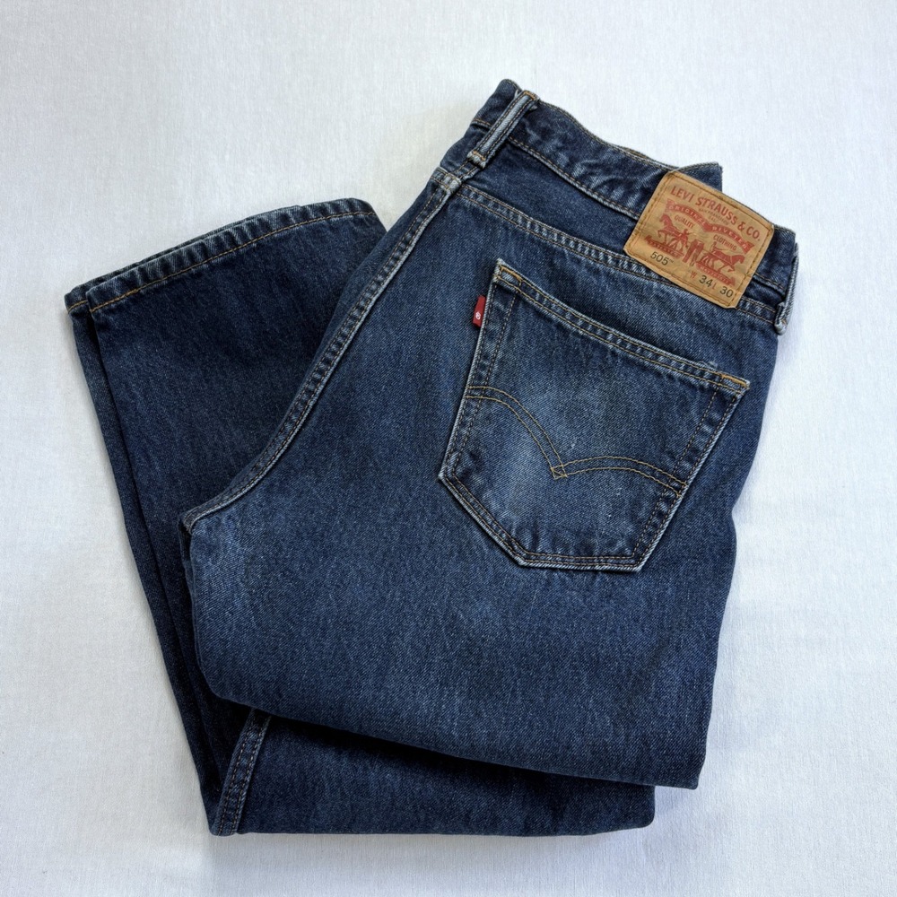 Levis 505 Regular Fit Straight Leg Dark Wash Blue Denim Jeans Mens 34x30